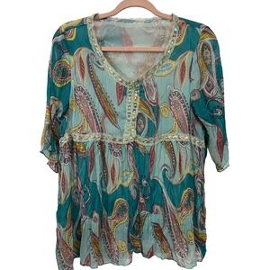 Paisley Babydoll Flowy Tunic Top One Size Boho Sequin Lace Teal